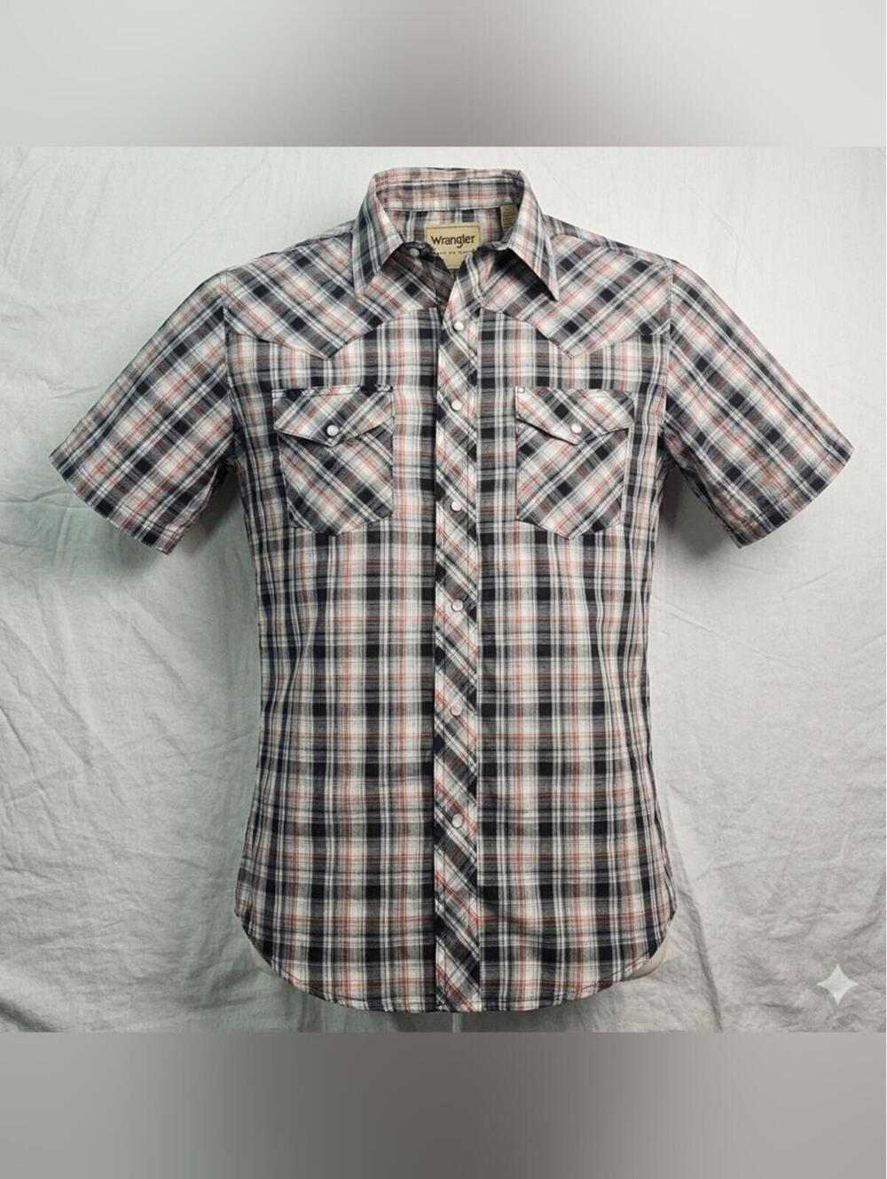 Wrangler Mens Plaid Western Shirt M Pearl Snap Cowboy Ranchwear Short Sleeve